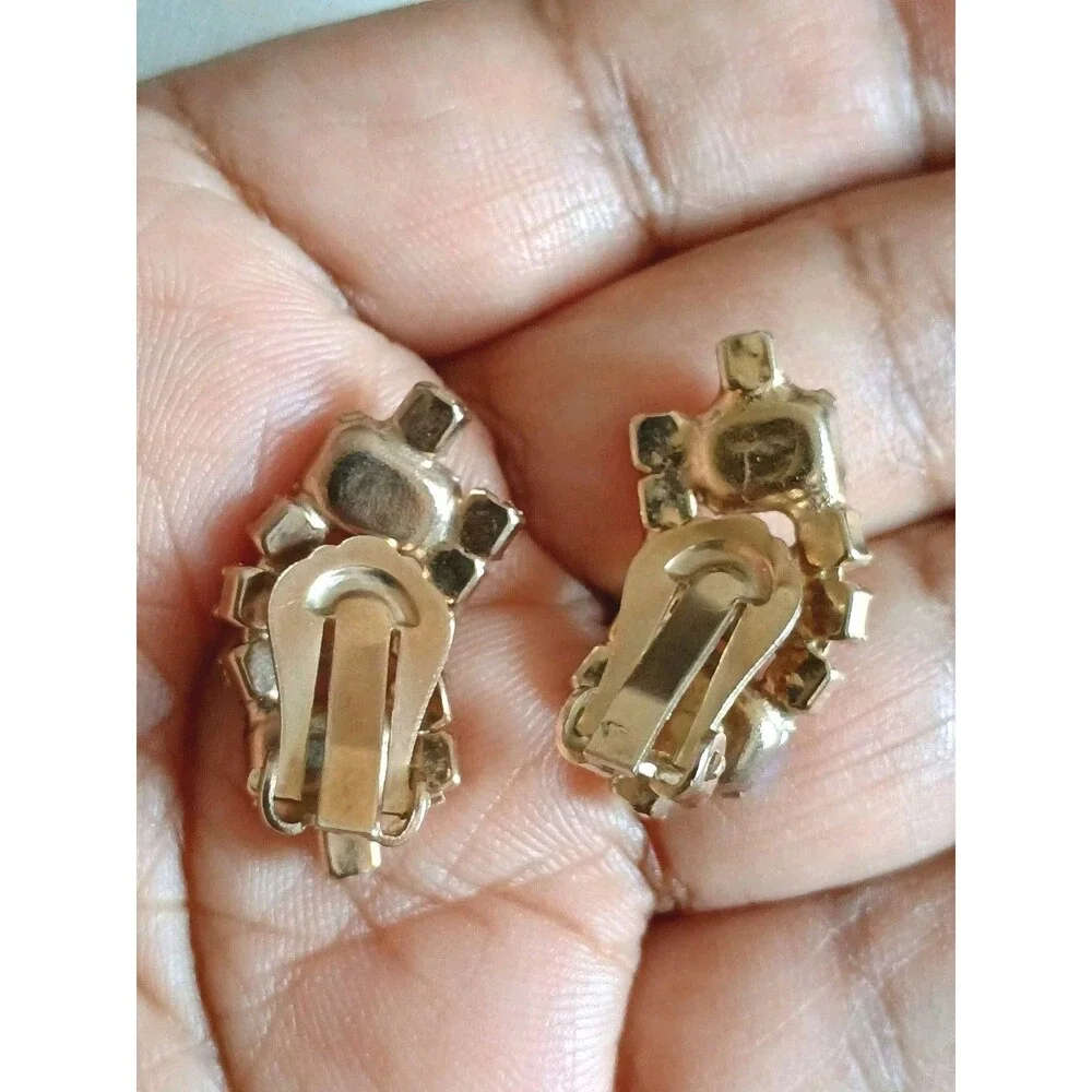 Aurora Borealis AB Crystal Silver Tone Curved Clip On Vintage Earrings